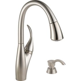Delta Berkley® Single Handle Pull-down Kitchen Faucet with MagnaTite and Soap Dispenser in Spotshield Stainless		