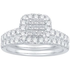 1.17 CT. T.W. Princess Cut Halo Diamond Ring & Band in 14K Gold